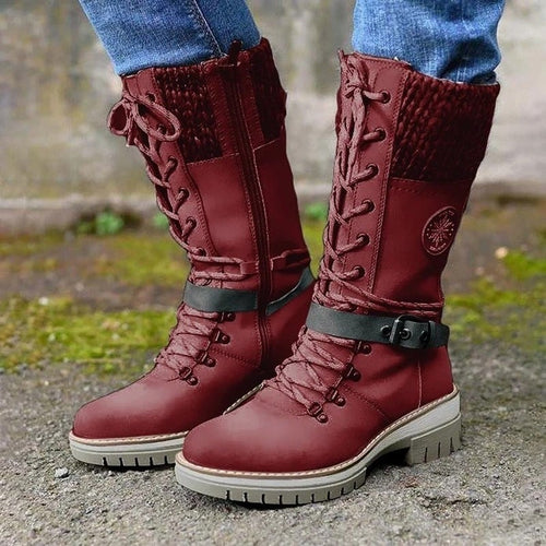ELKee - Women Buckle Lace Knitted Mid-calf Boots™