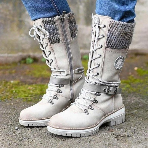 ELKee - Women Buckle Lace Knitted Mid-calf Boots™