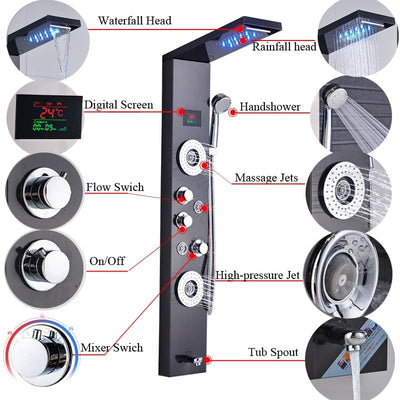 Rainfall Shower ™ - Luxurious 6-Stage LED Shower Panel with Massage Jets and Temperature Screen - TumTum