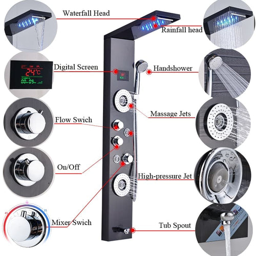 Rainfall Shower  - Luxurious 6-Stage LED Shower Panel with Massage Jets and Temperature Screen™