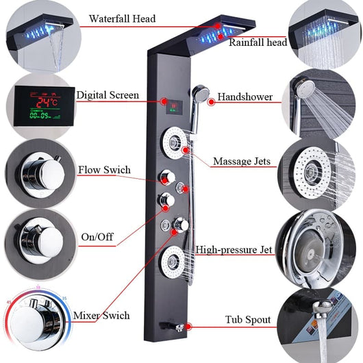 Rainfall Shower ™ - Luxurious 6-Stage LED Shower Panel with Massage Jets and Temperature Screen - TumTum